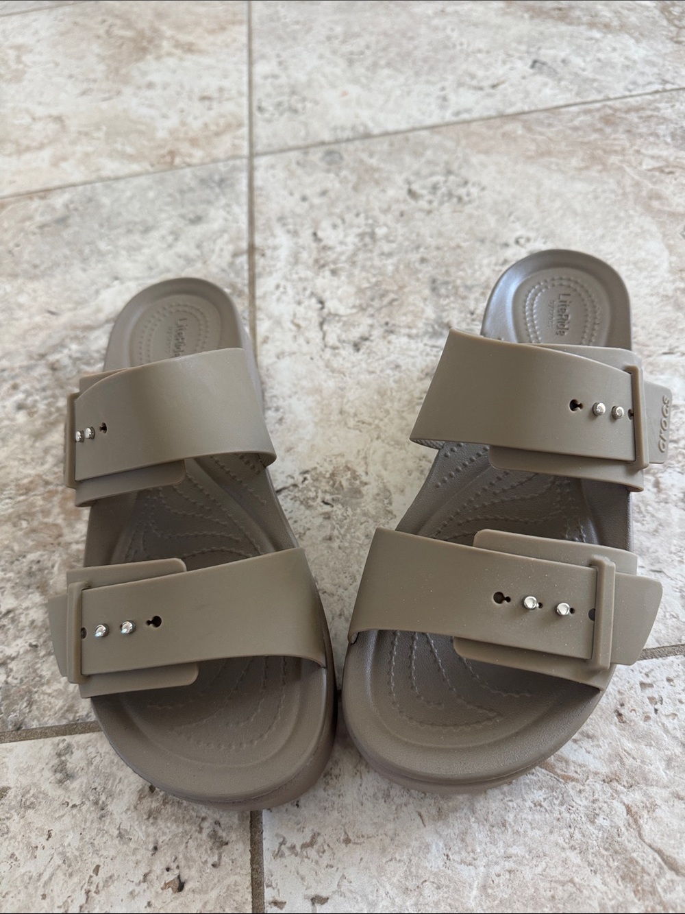 CROCS Women's Double Strap Slide Sandals in Taupe with Rhinestone Studs